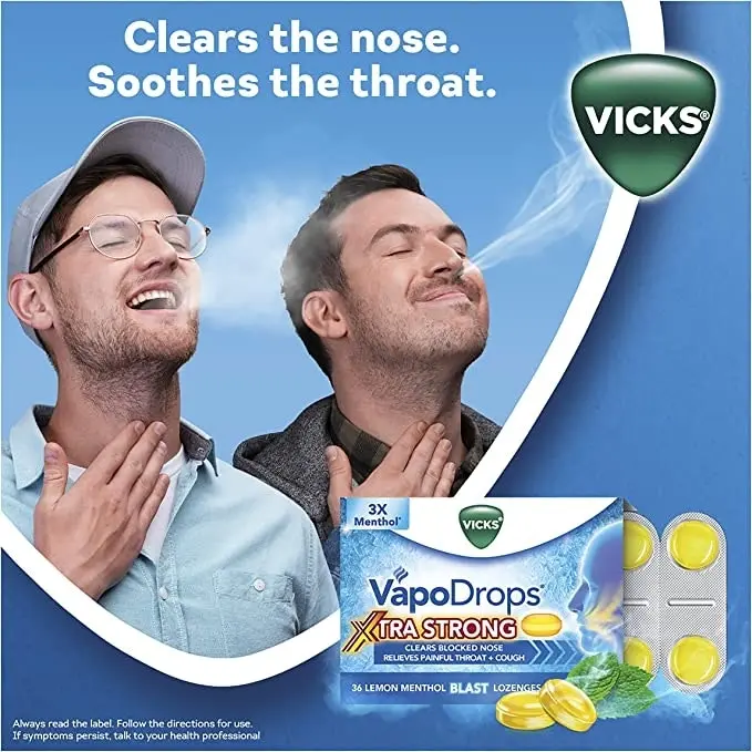 Vicks VapoDrops Xtra Strong Lemon Menthol Blast 36 Lozenges