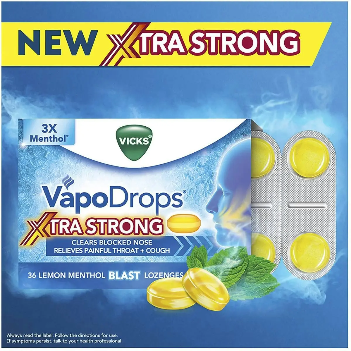 Vicks VapoDrops Xtra Strong Lemon Menthol Blast 36 Lozenges