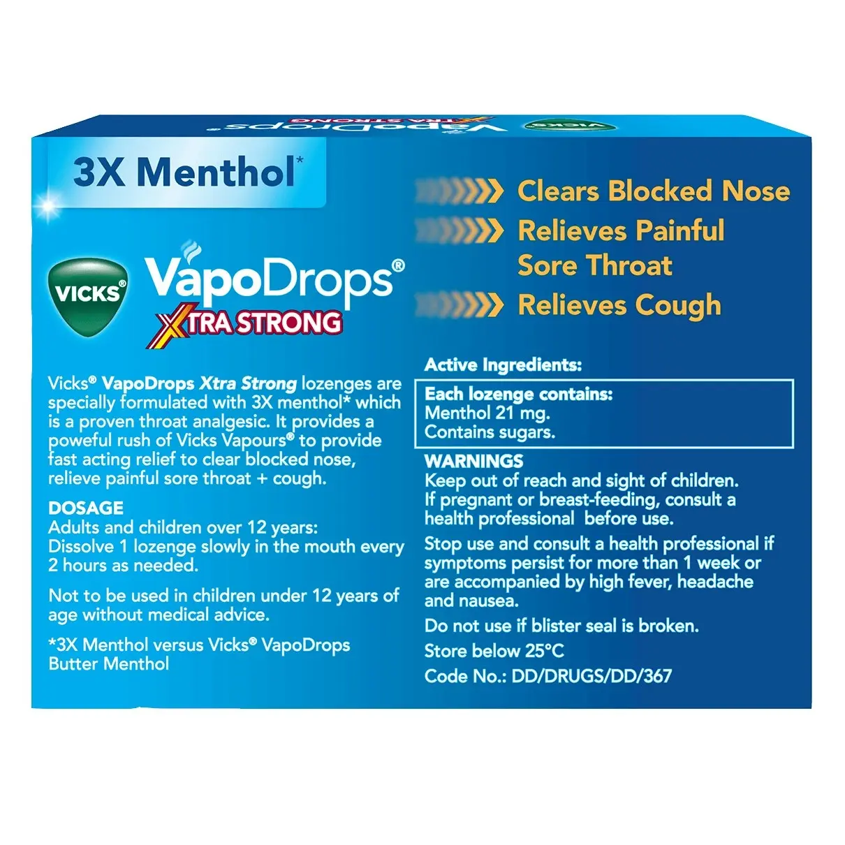 Vicks VapoDrops Xtra Strong Lemon Menthol Blast 36 Lozenges