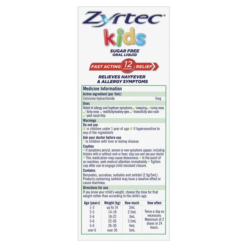 Zyrtec Kids Antihistamine Allergy & Hayfever Oral Liquid Bubblegum 120ml