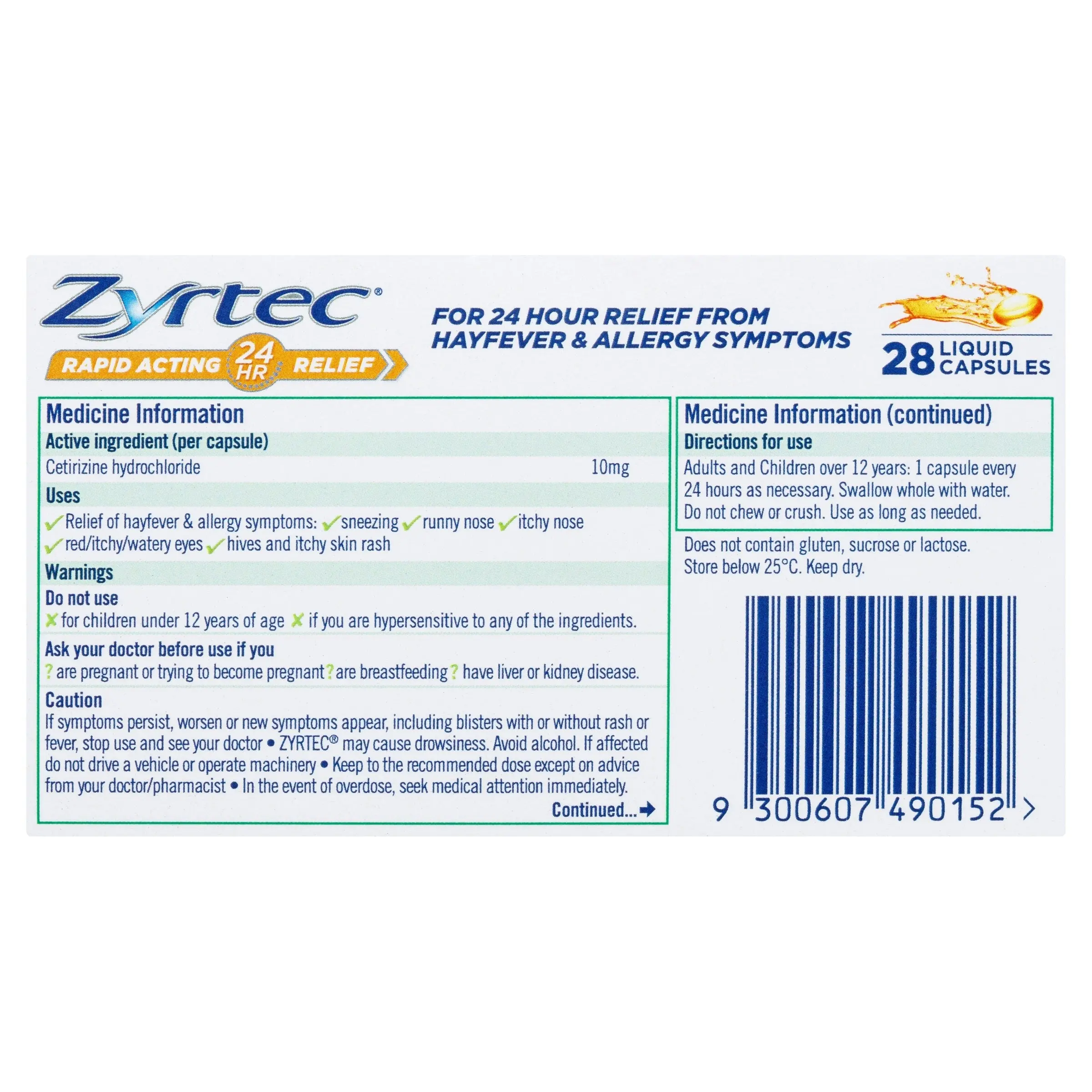 Zyrtec Rapid Acting Hayfever Relief Antihistamine 28 Liquid Capsules