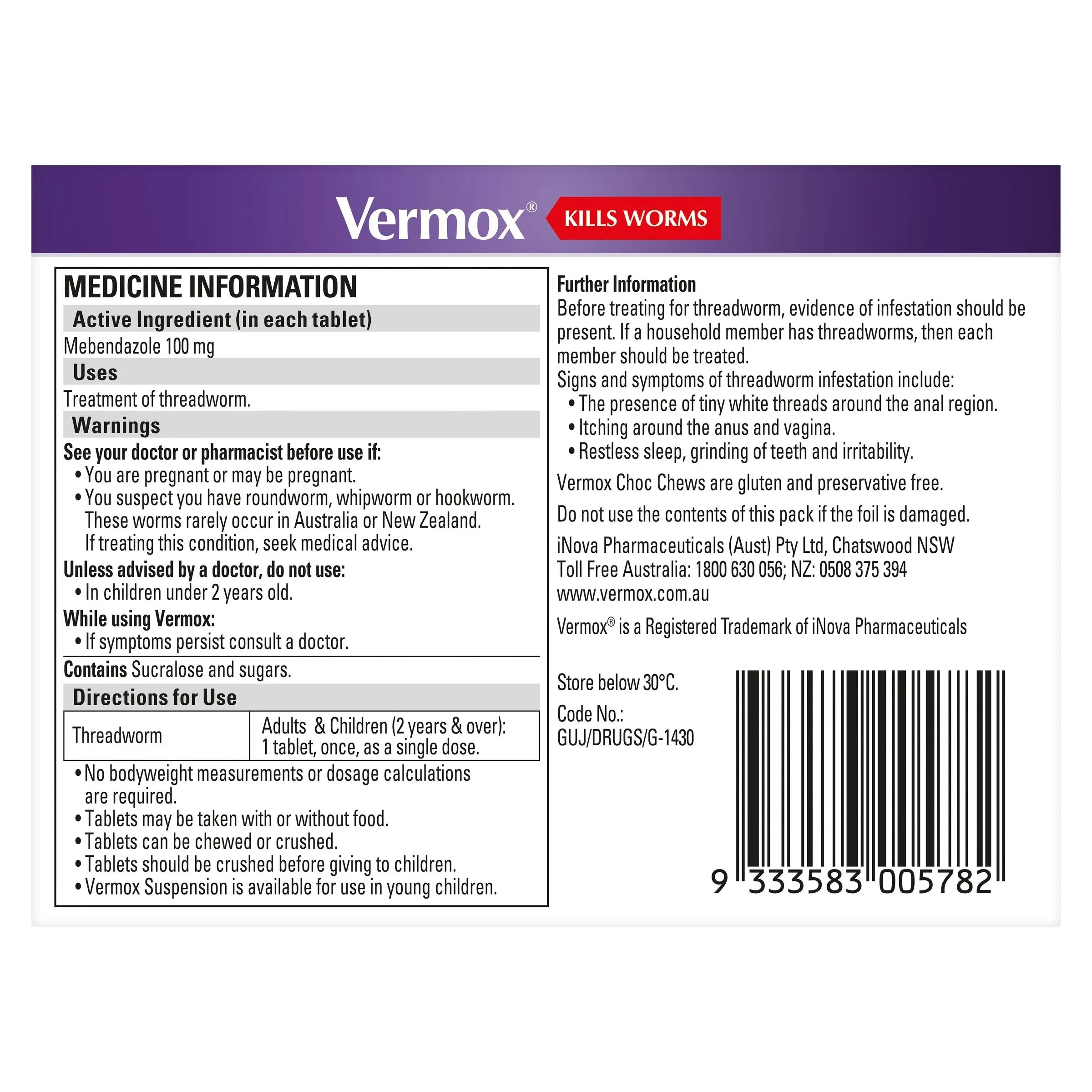 Vermox Chocalate Chewable 4 Tablets