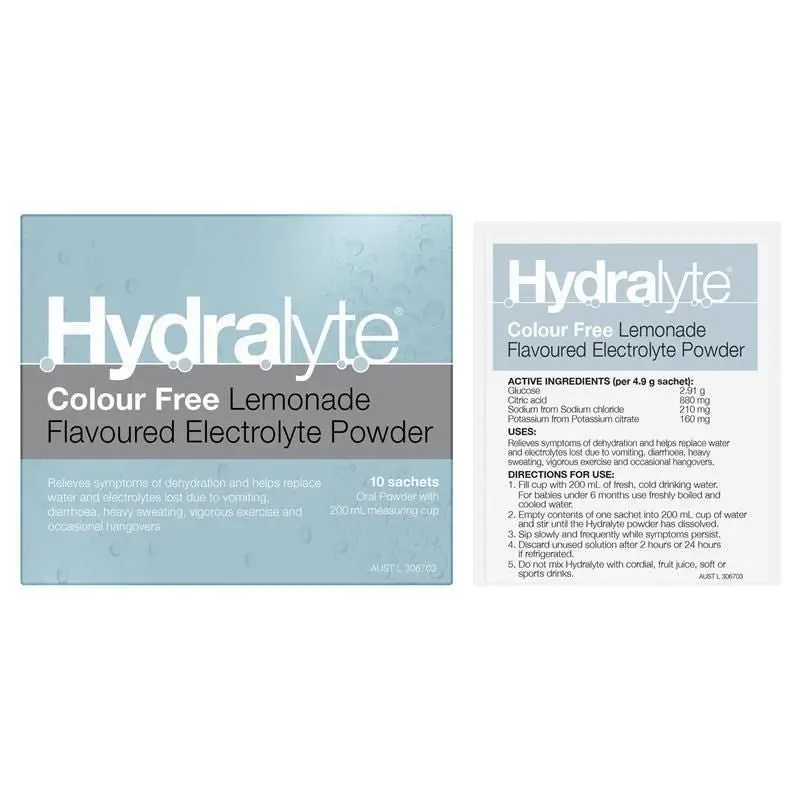 Hydralyte Electrolyte Powder Colour Free Lemonade 10 Sachets