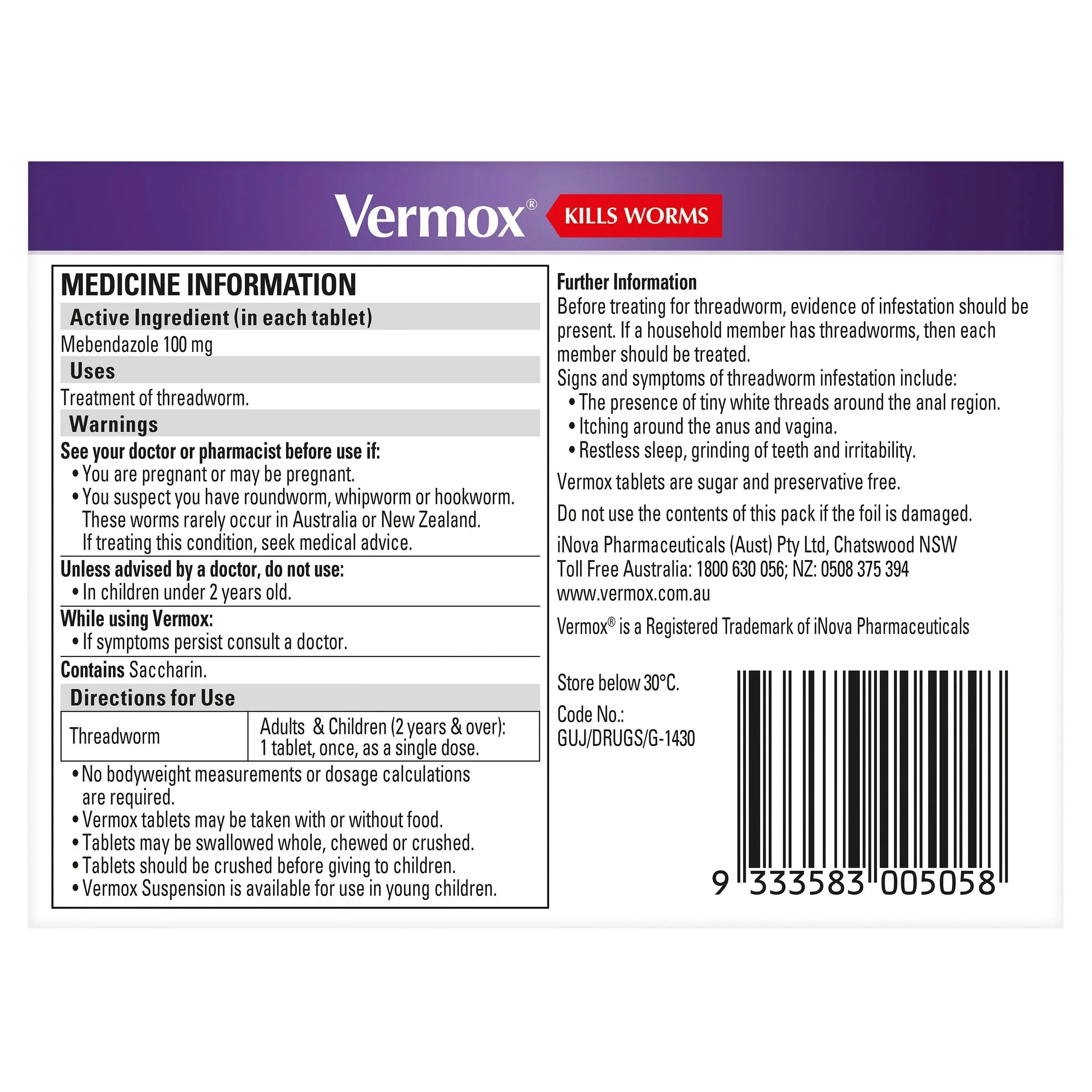 Vermox  Orange 4 Tablets