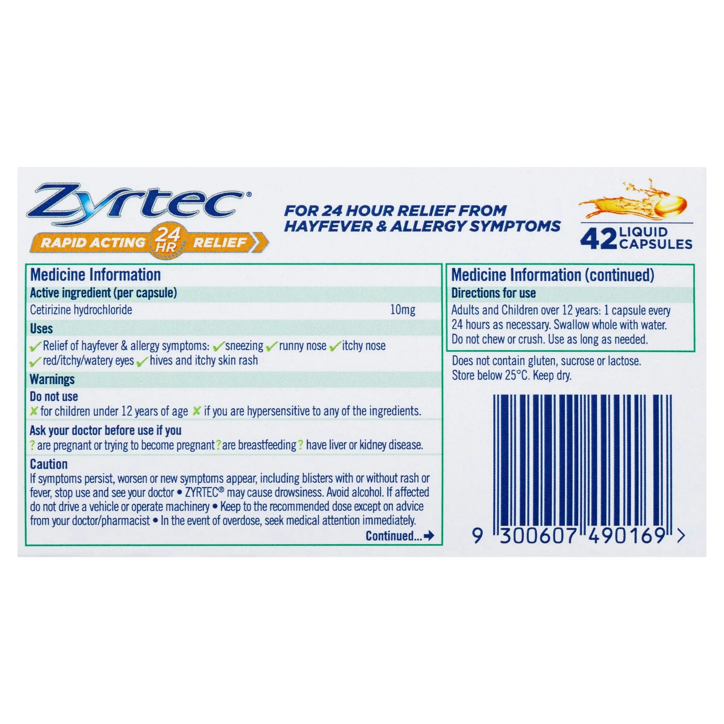 Zyrtec Rapid Acting Hayfever Relief Antihistamine 42 Liquid Capsules