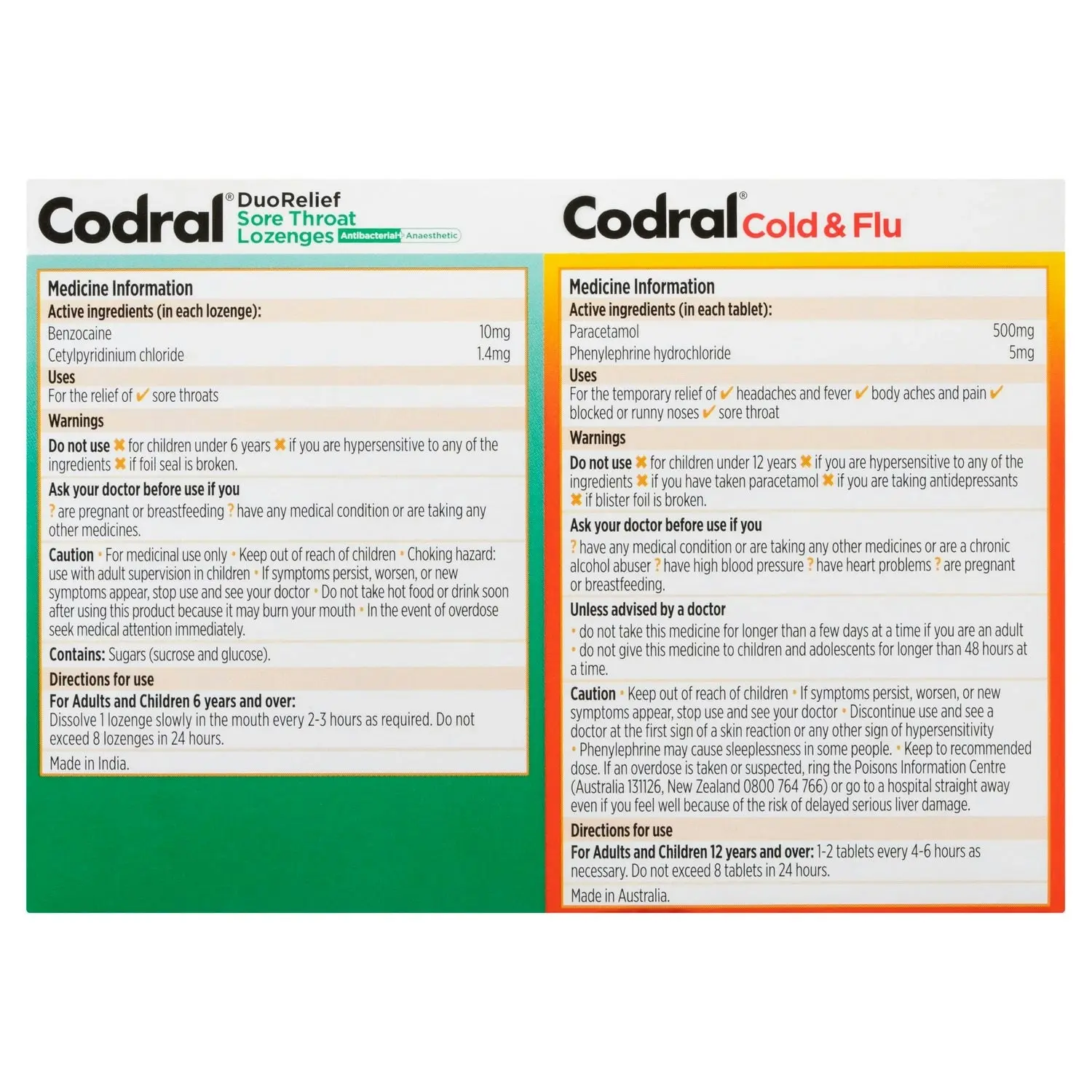 CODRAL Plus Sore Throat 16 Lozenges & Cold and Flu + Decongestant 20 Tablets