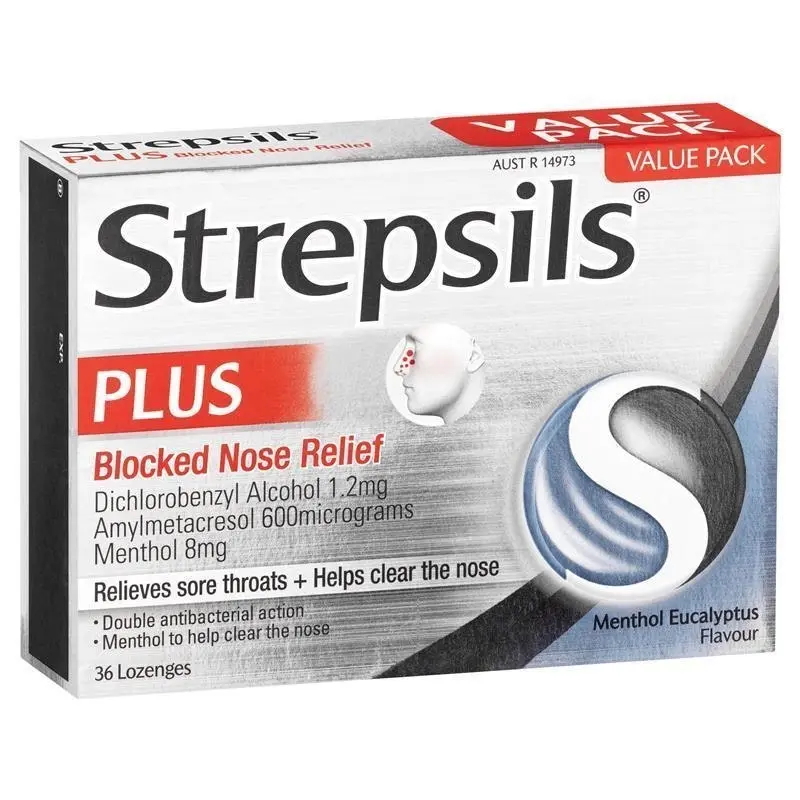 Strepsils Plus Blocked Nose Relief Throat Lozenges Menthol Eucalyptus 36PK