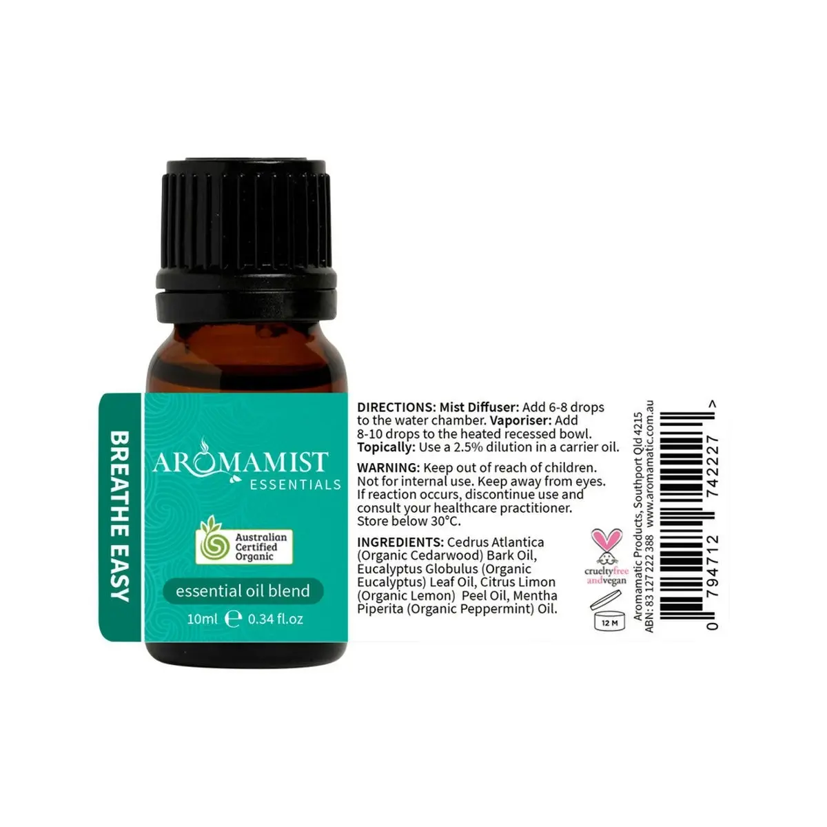 Aromamist Essentials Organic Essential Oil Blend Breathe Easy 10ml