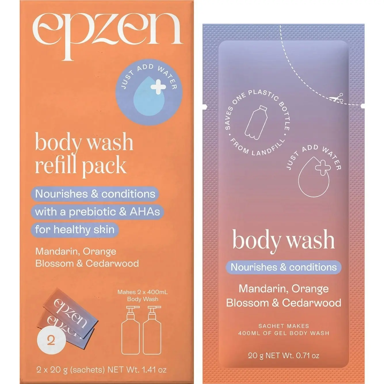 EpZen Body Wash Refill Pack Mandarin, Orange Blossom & Cedarwood 2x20g