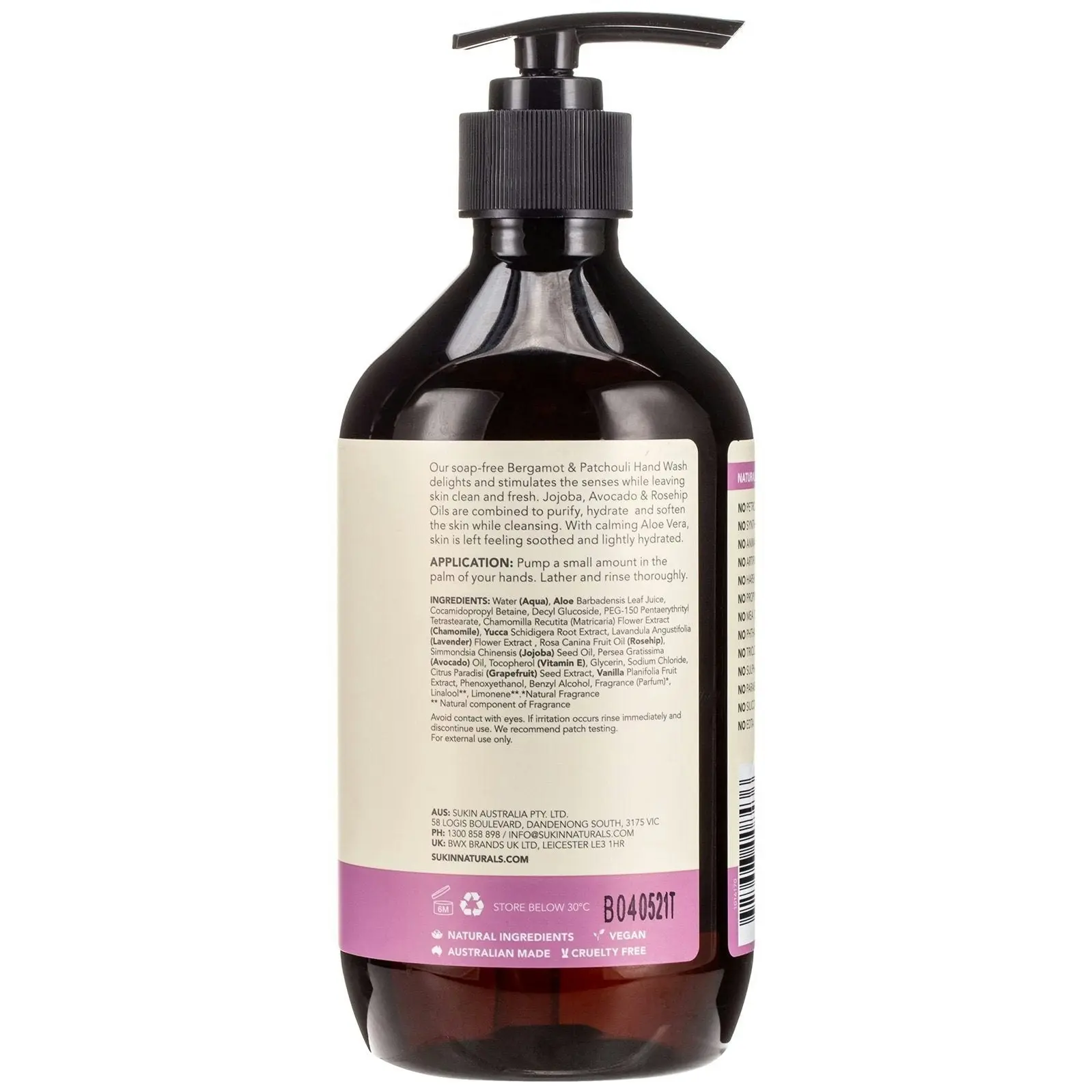 Sukin Cleansing Hand Wash Bergamot & Patchouli Pump 500ml