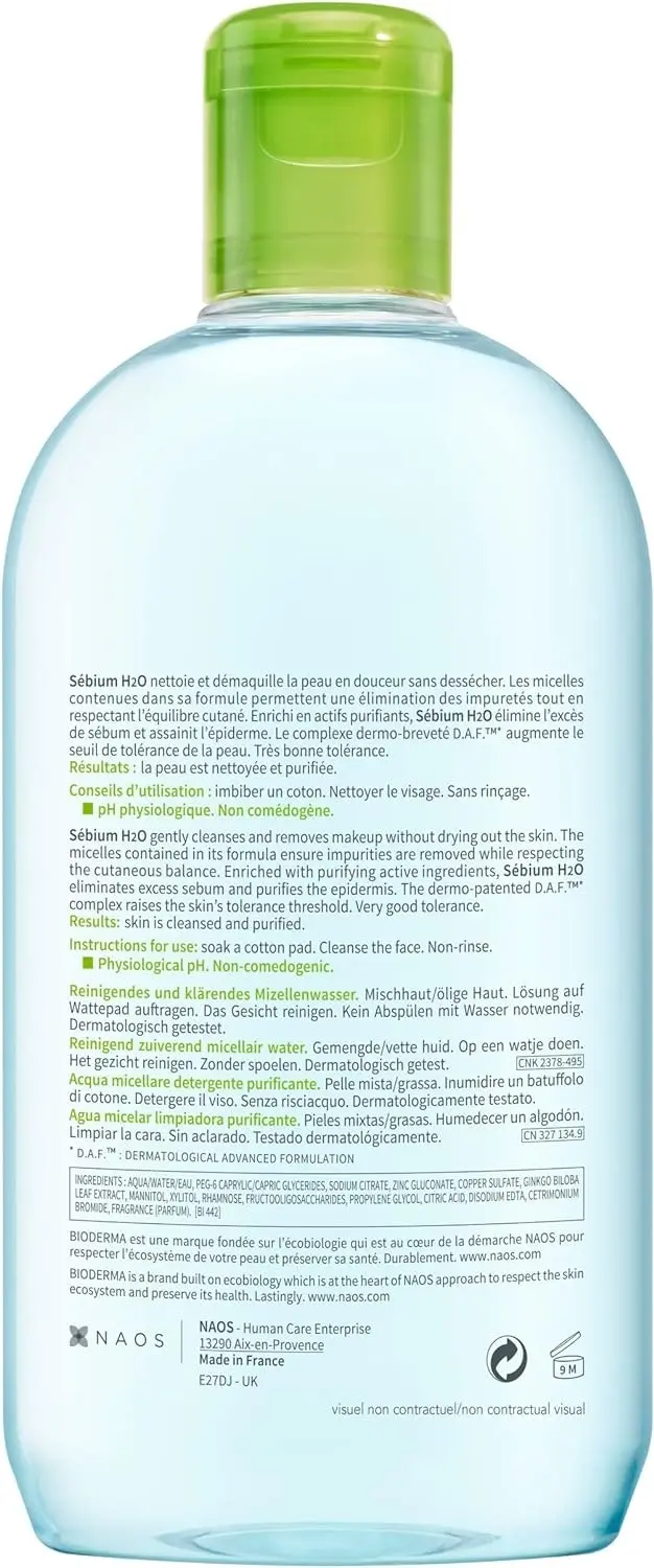 Bioderma Sebium H2O Purifying Micellar Water Cleanser for Oily Skin 500ml