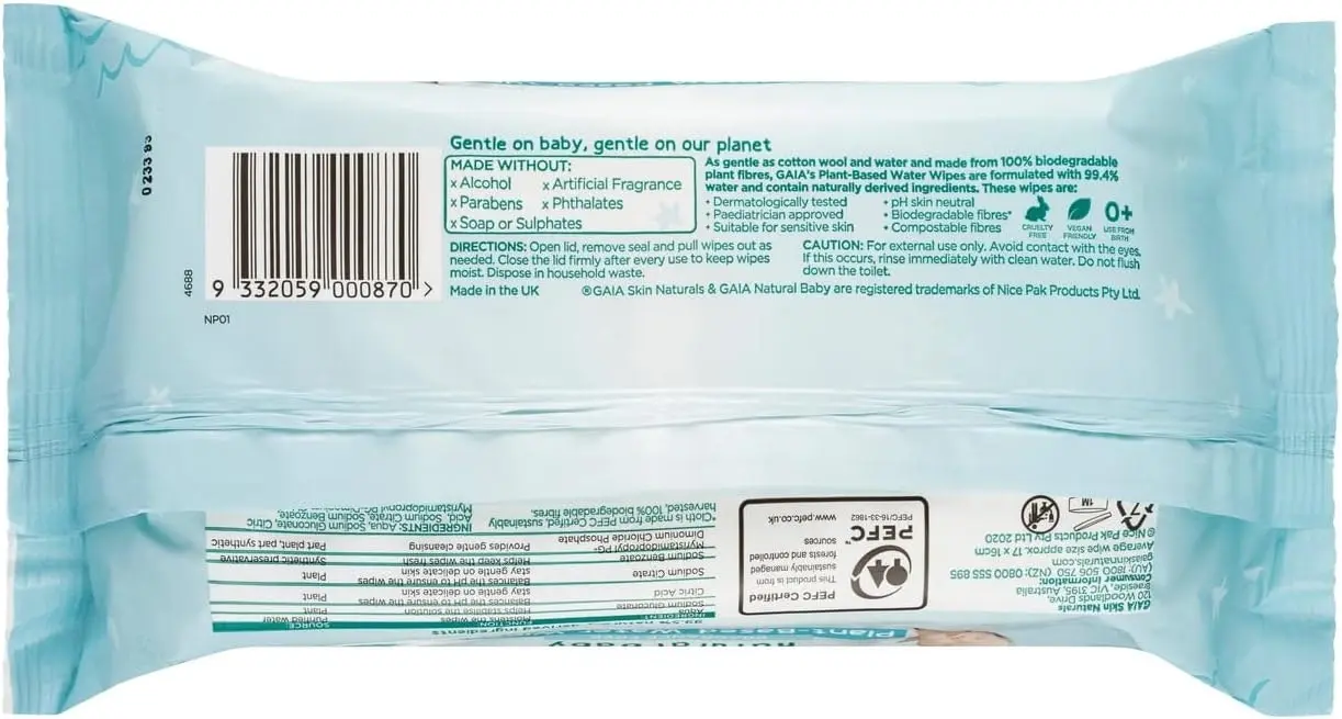 Gaia Natural Plant Based Water Wipes 80PK