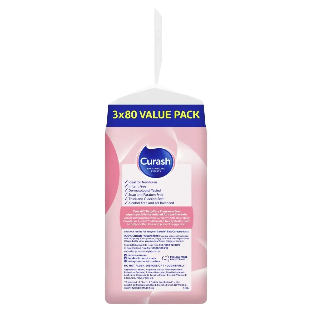 Curash Fragrance Free Wipes 3x80pk