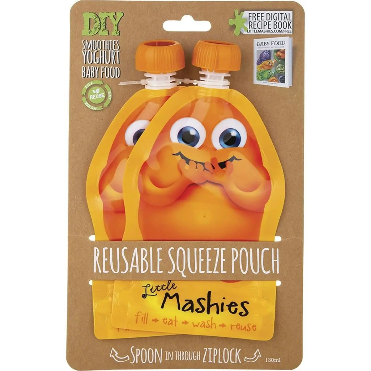 Little Mashies Reusable Squeeze Pouch Pack Of 2 - Orange 2x130ml