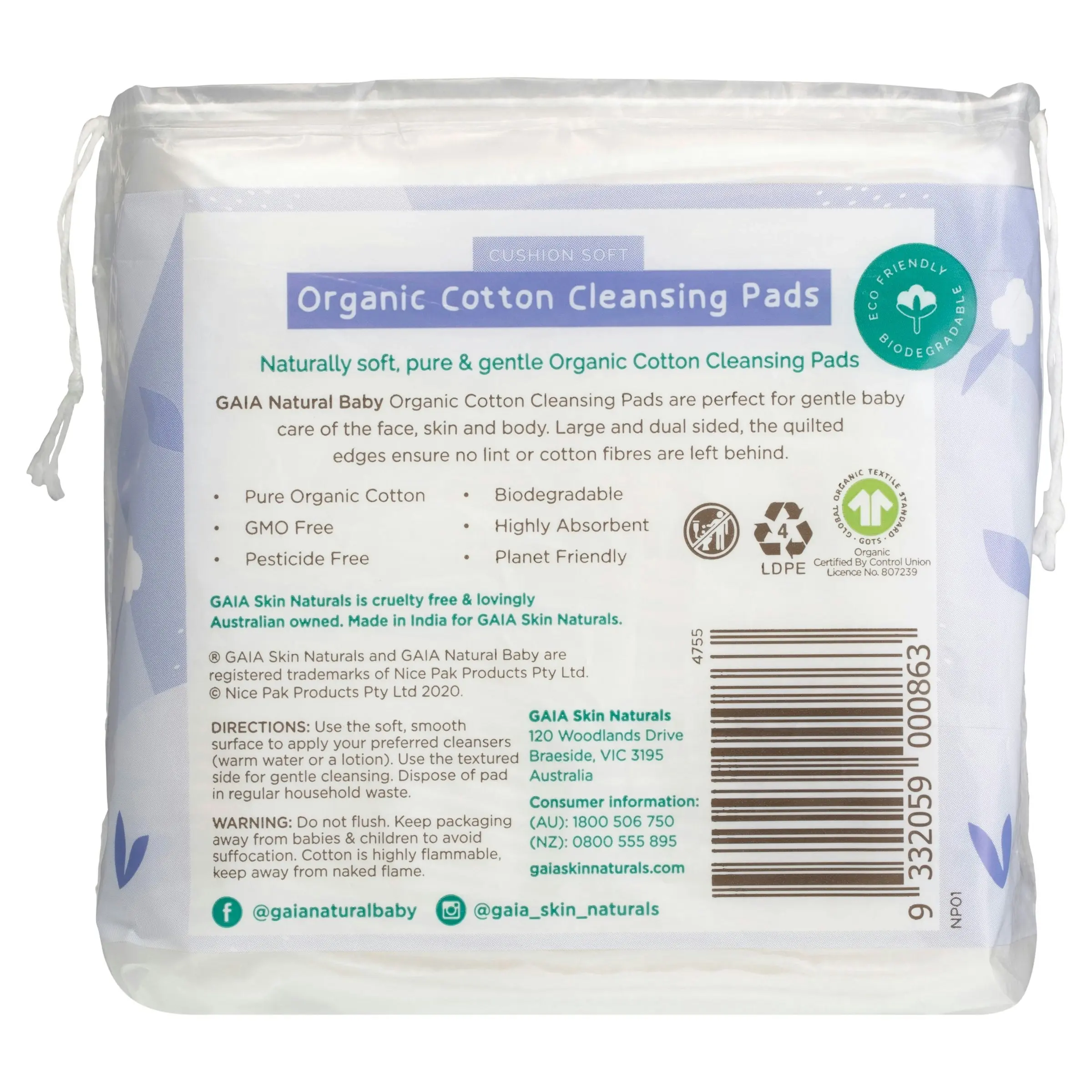 Gaia Natural Baby Organic Cotton Cleansing Pads 40PK