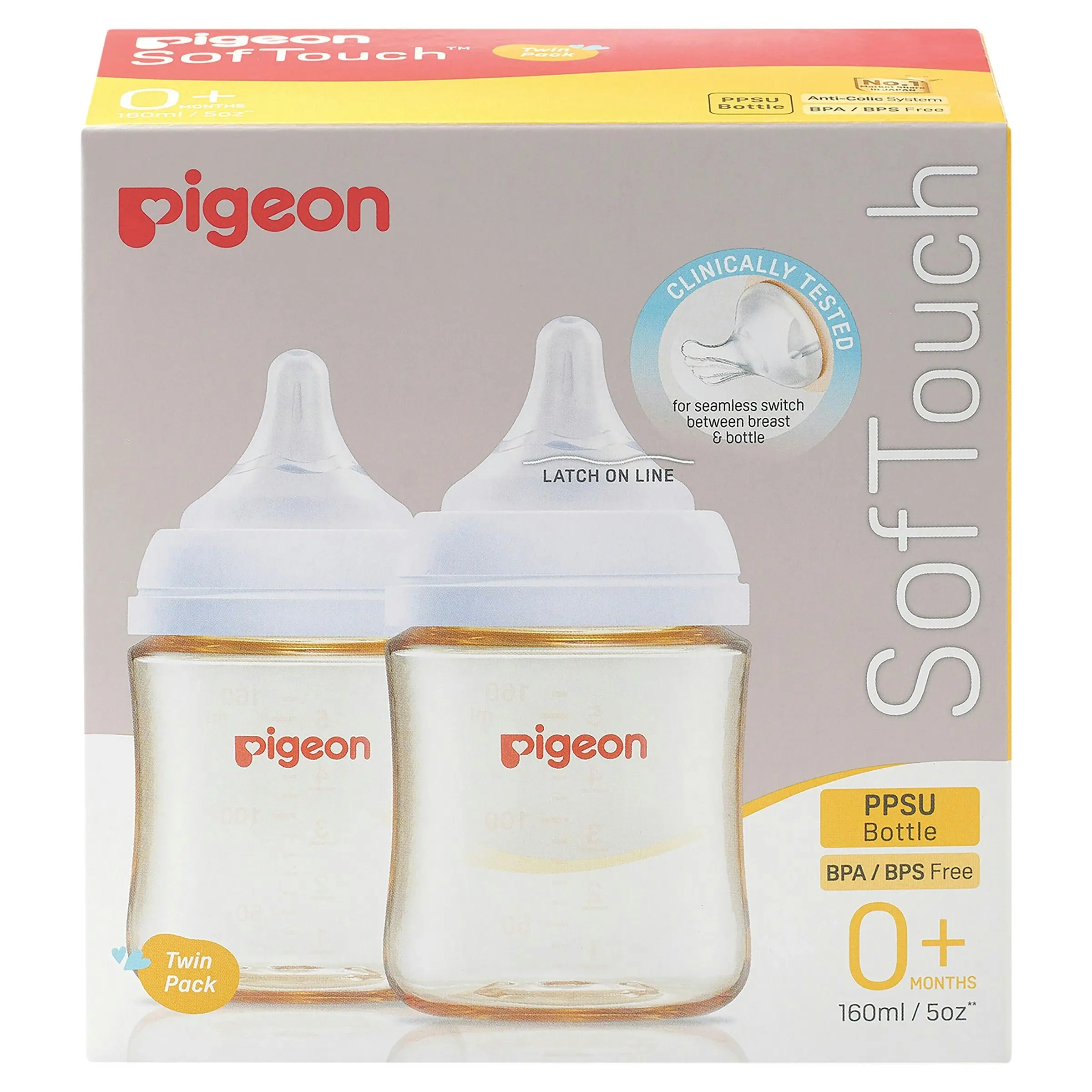 PIGEON Softouch Peristaltic Plus Wide Neck PPSU 160ml BPA BPS Free Twin Pack