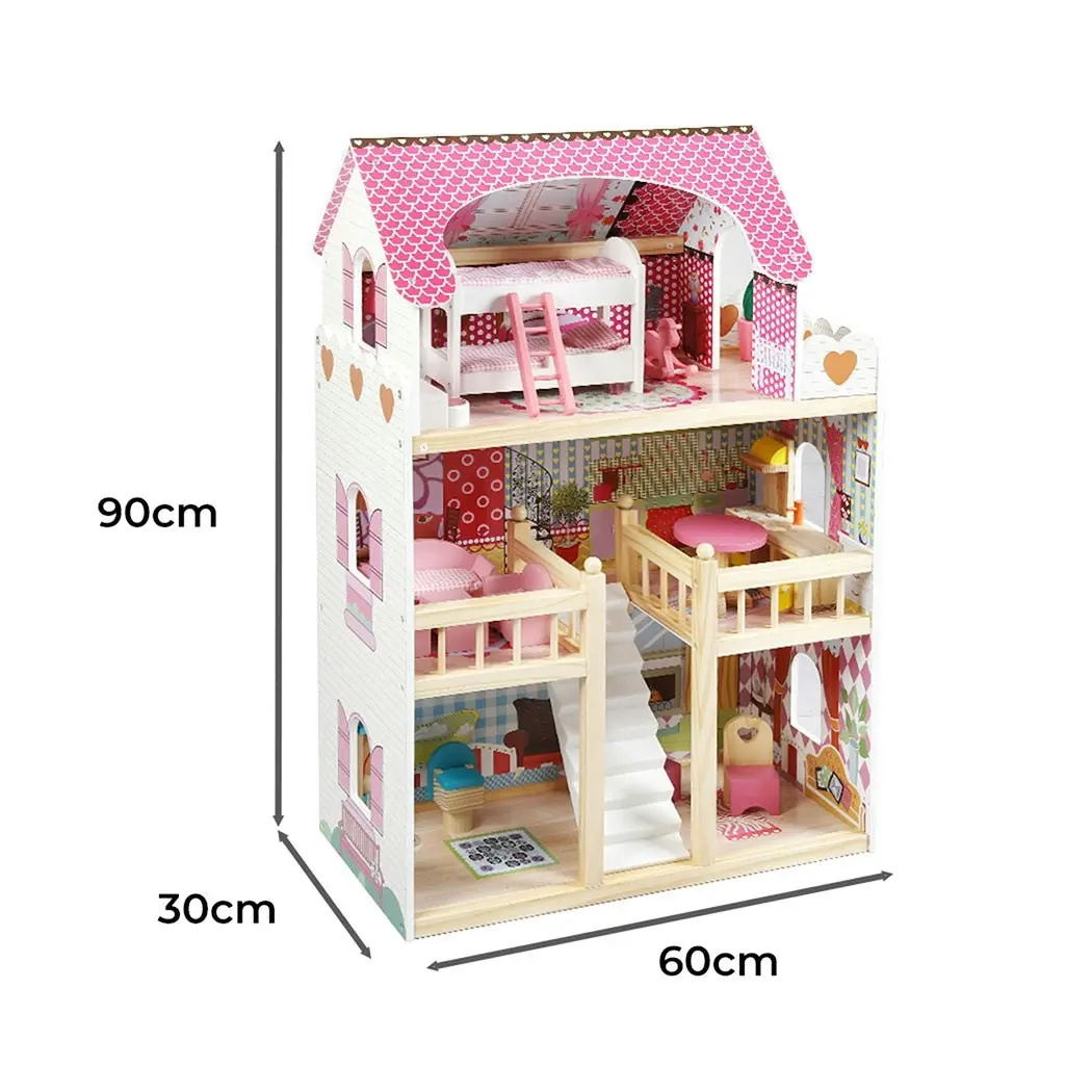 BoPeep Wooden Doll House 3 Floor Kids Girl Dollhouse Full Furniture Pink 90cm