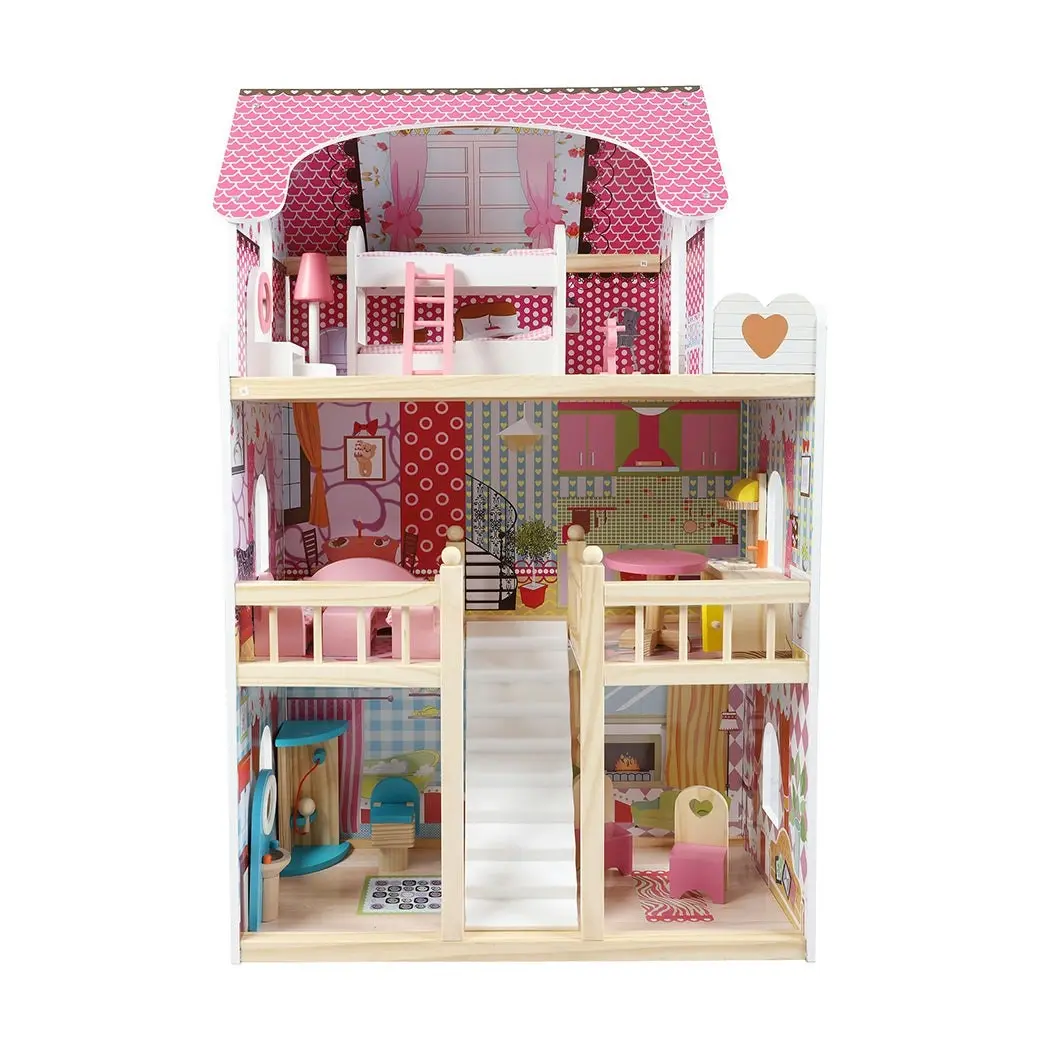 BoPeep Wooden Doll House 3 Floor Kids Girl Dollhouse Full Furniture Pink 90cm