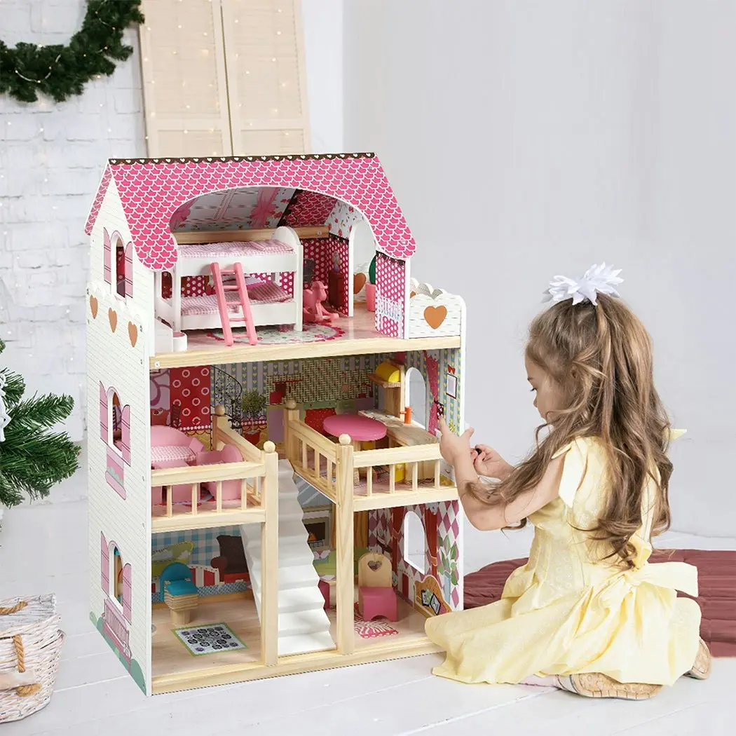 BoPeep Wooden Doll House 3 Floor Kids Girl Dollhouse Full Furniture Pink 90cm