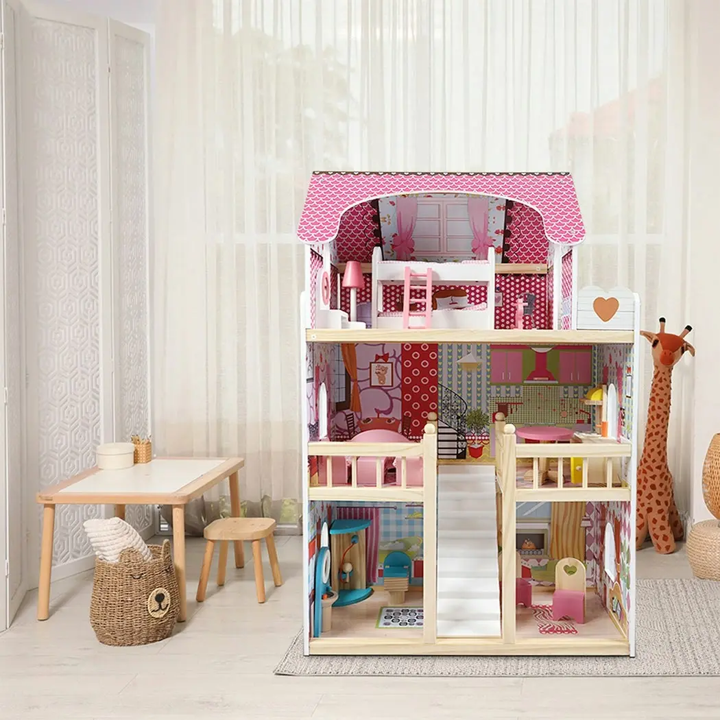 BoPeep Wooden Doll House 3 Floor Kids Girl Dollhouse Full Furniture Pink 90cm