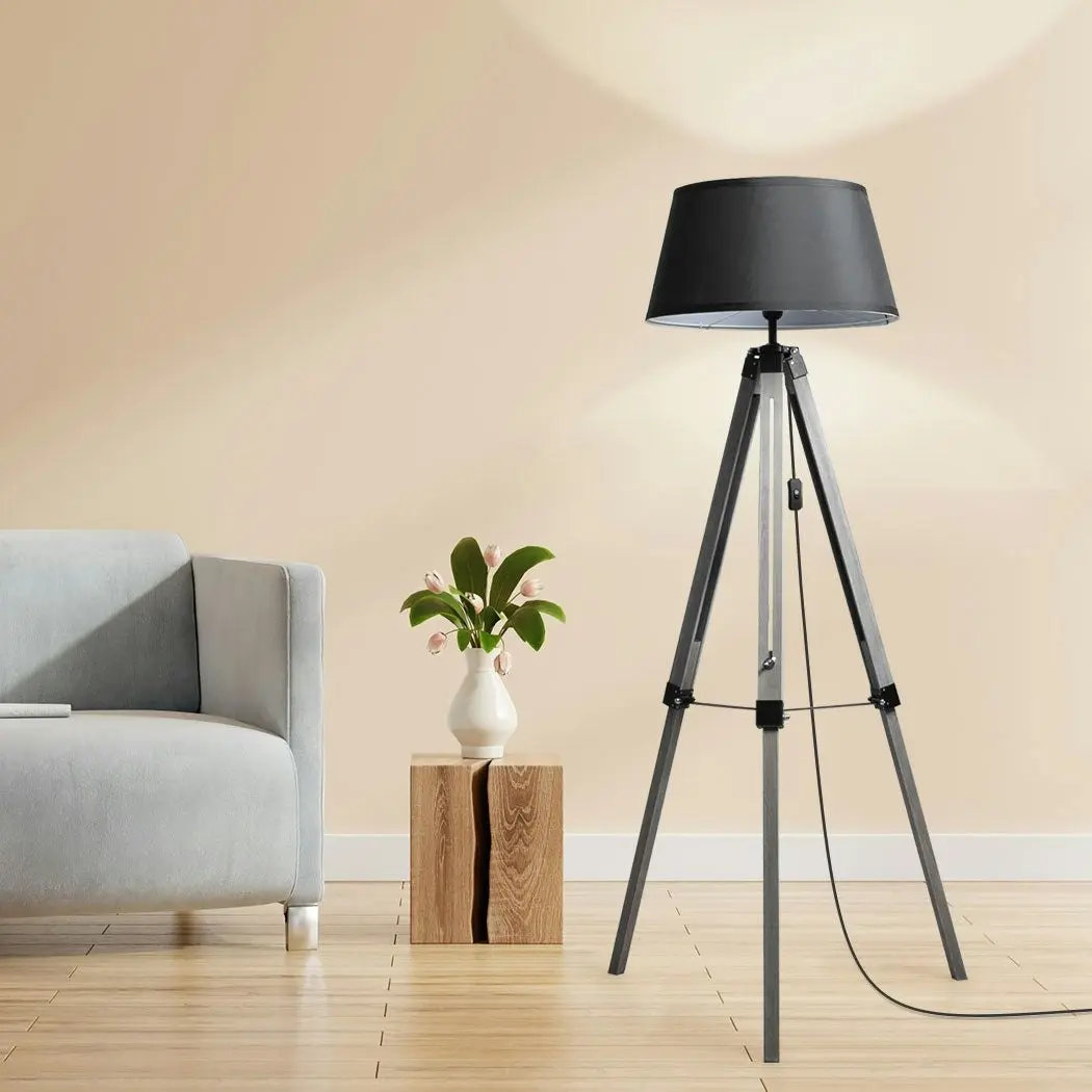 Emitto Tripod Wooden Floor Lamp Shaded Reading Light Adjustable Stand Lighting