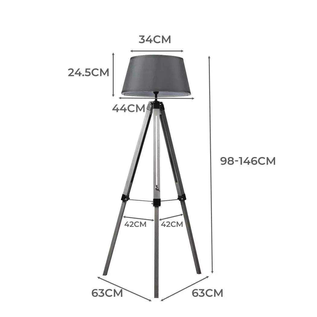 Emitto Tripod Wooden Floor Lamp Shaded Reading Light Adjustable Stand Lighting