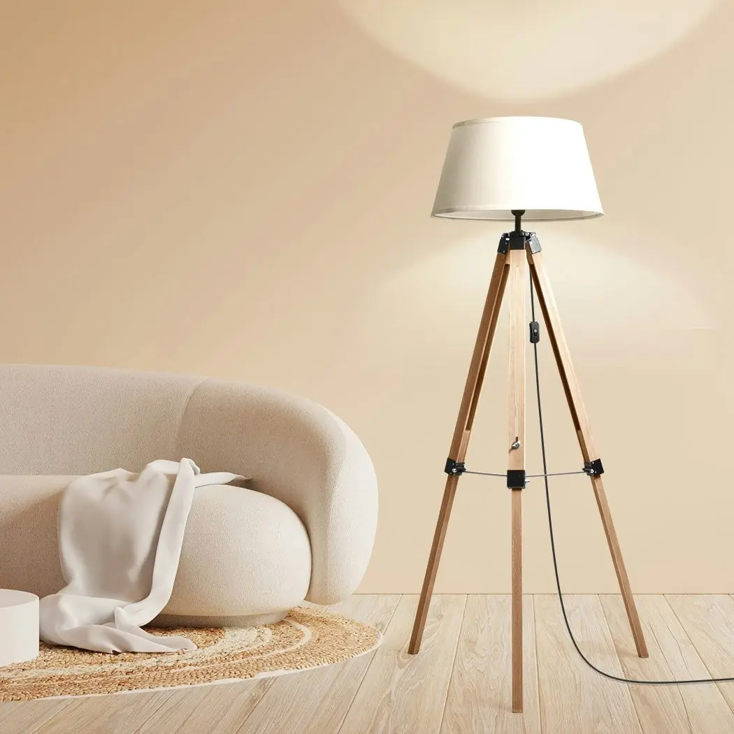 Emitto Tripod Wooden Floor Lamp Shaded Reading Light Adjustable Stand Home Decor