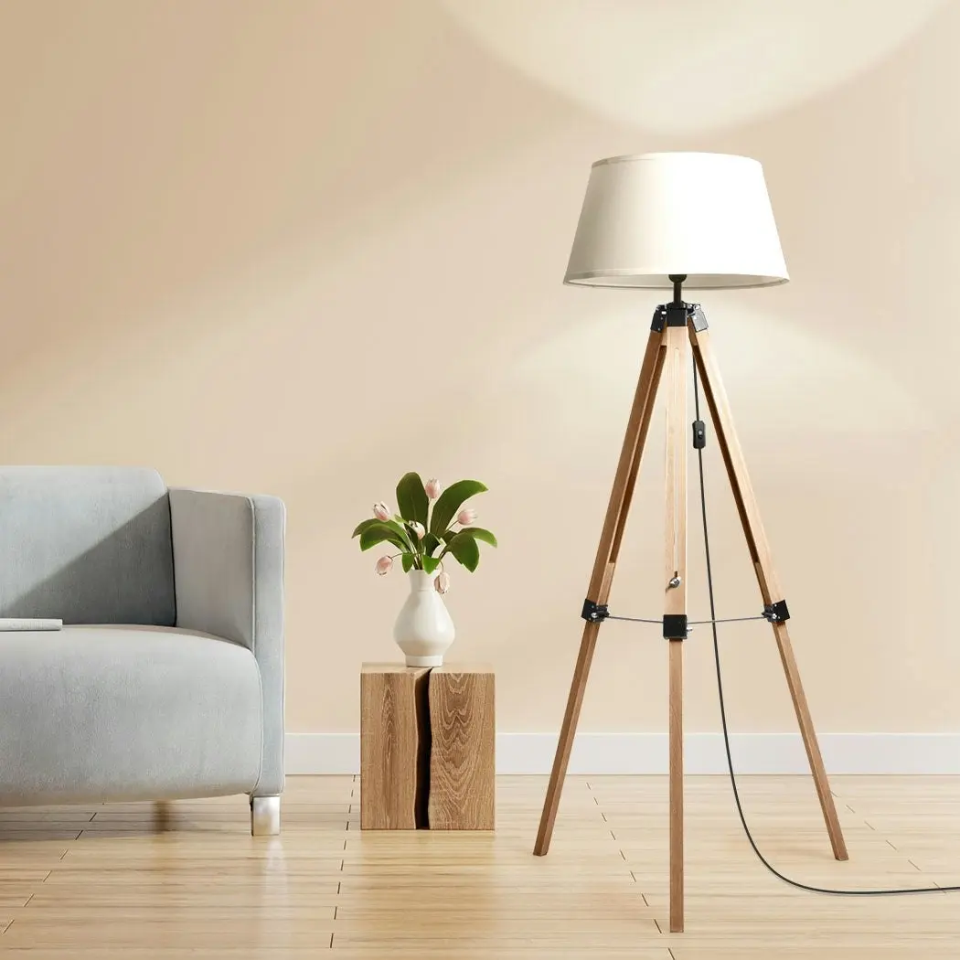 Emitto Tripod Wooden Floor Lamp Shaded Reading Light Adjustable Stand Home Decor