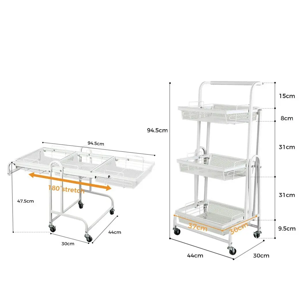 Levede Swivel Kitchen Cart 3 Tier Storage Shelf Rack with Wheels Storage Trolley