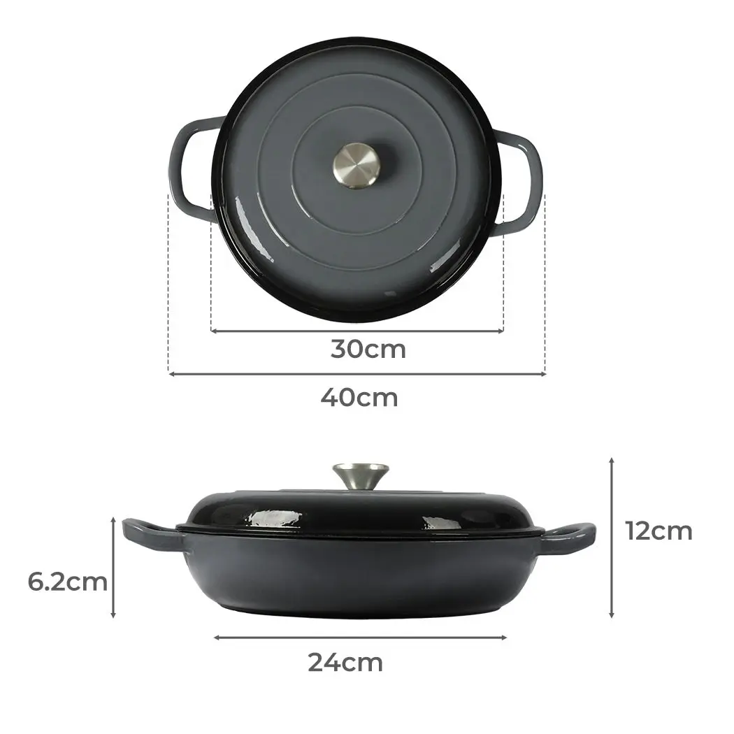 Toque 3.5L Cast Iron Pan Dutch Oven Enamel Casserole Pot Slow Cook Cooker Black