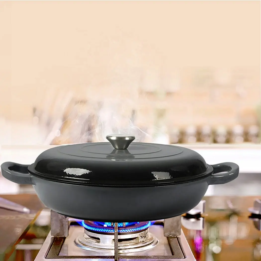 Toque 3.5L Cast Iron Pan Dutch Oven Enamel Casserole Pot Slow Cook Cooker Black