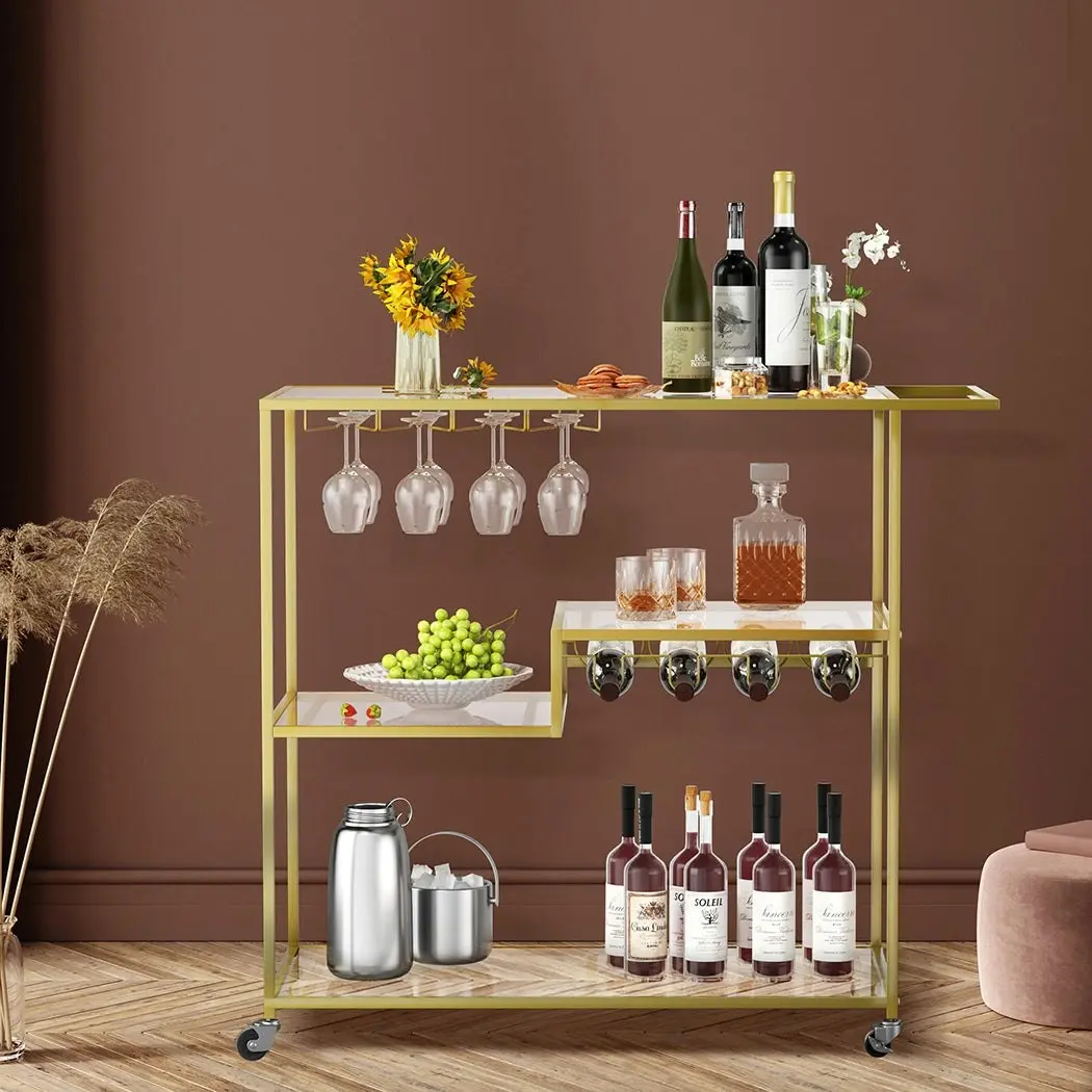 Levede Metal Bar Cart Drinks Serving Trolley Wine Rack Kitchen Tempered Glass