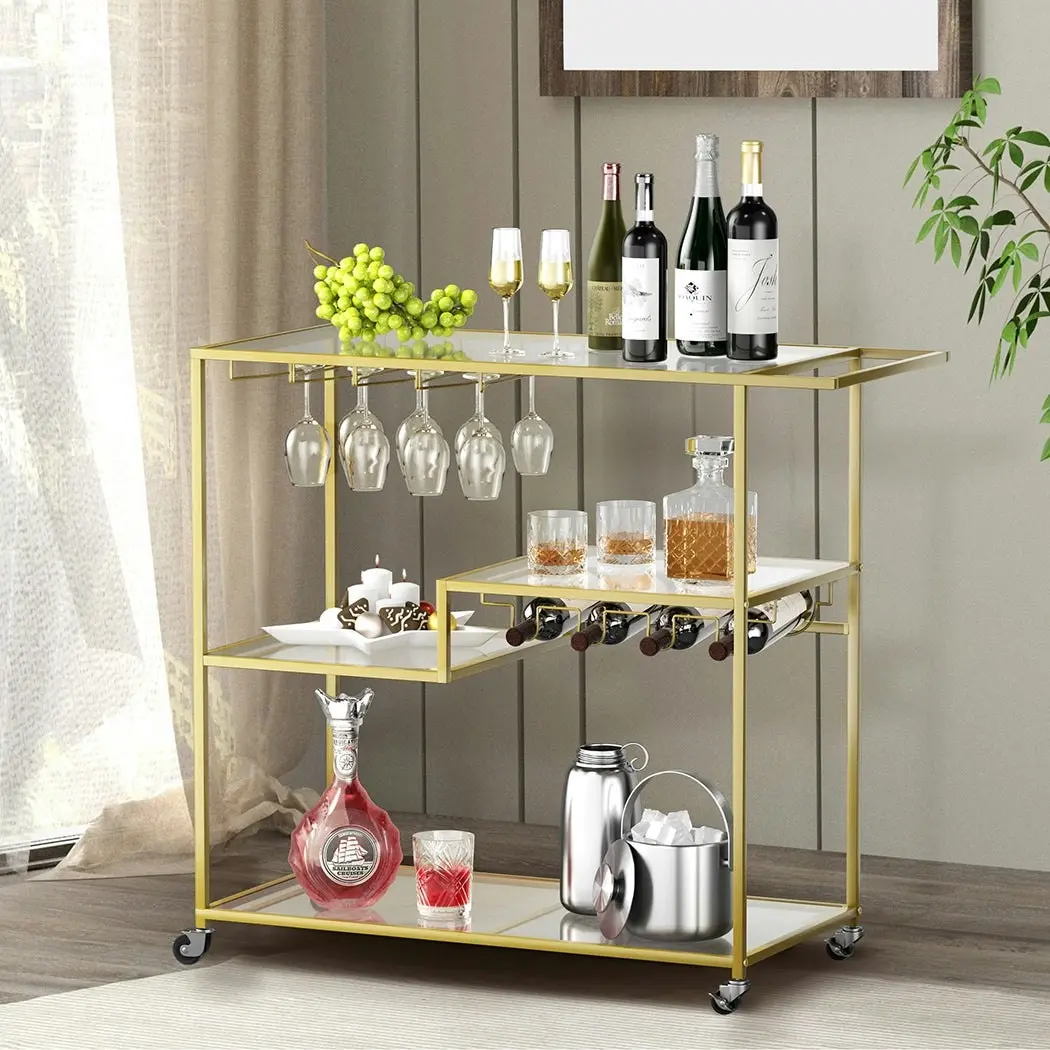 Levede Metal Bar Cart Drinks Serving Trolley Wine Rack Kitchen Tempered Glass