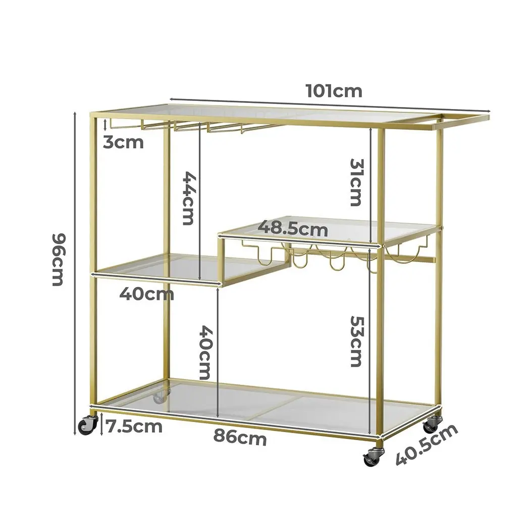 Levede Metal Bar Cart Drinks Serving Trolley Wine Rack Kitchen Tempered Glass