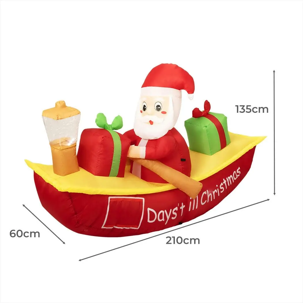 Santaco Christmas Inflatable Santa Clau Boat 2.1M Xmas Outdoor Decor LED Lights