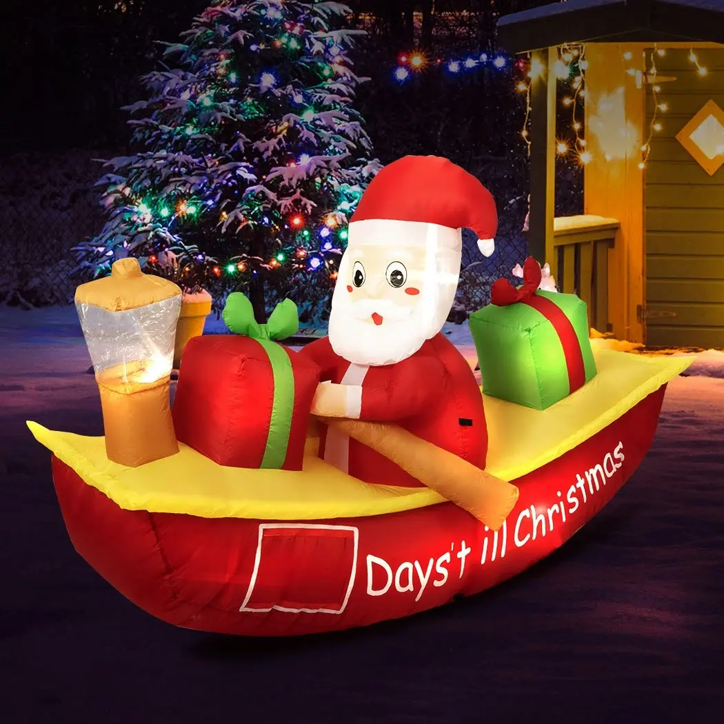 Santaco Christmas Inflatable Santa Clau Boat 2.1M Xmas Outdoor Decor LED Lights