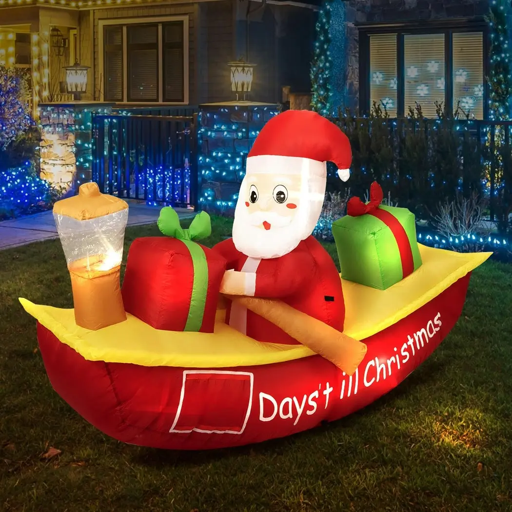 Santaco Christmas Inflatable Santa Clau Boat 2.1M Xmas Outdoor Decor LED Lights