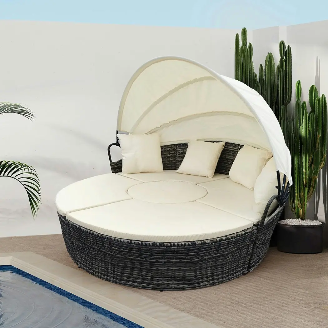 Day Bed Sofa Daybed Outdoor Furniture Sun Lounge 4pc Round Wicker White Canopy