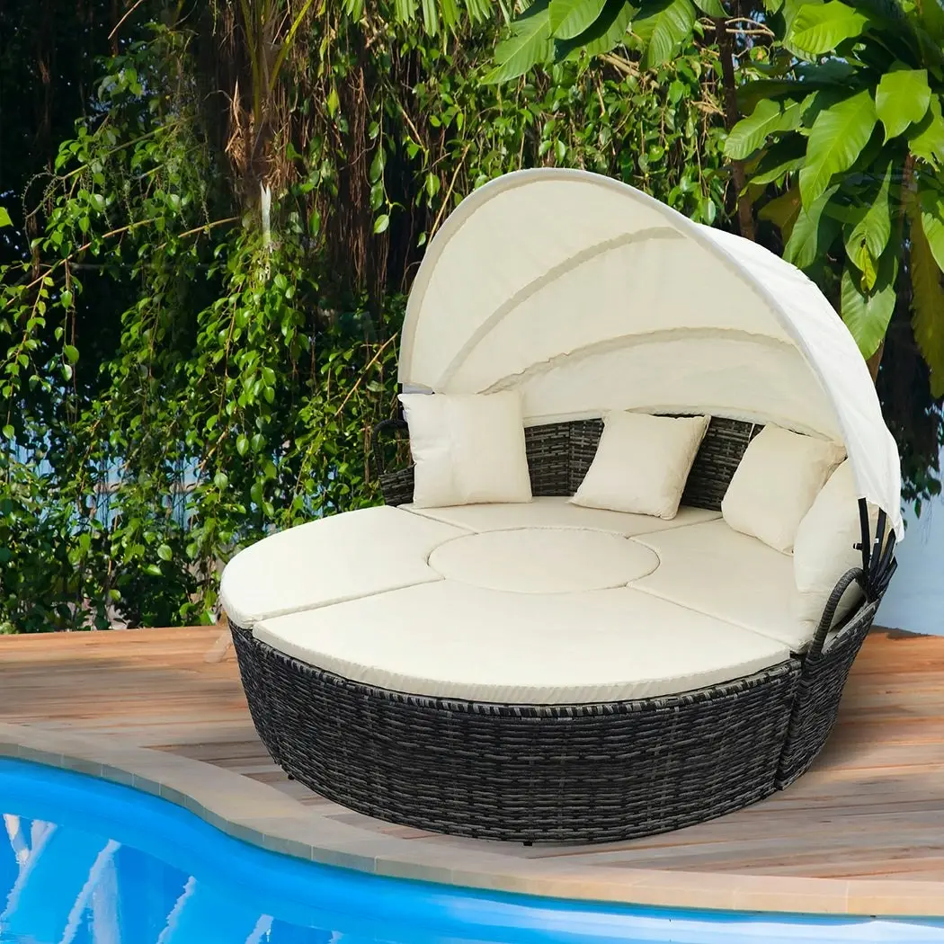 Day Bed Sofa Daybed Outdoor Furniture Sun Lounge 4pc Round Wicker White Canopy