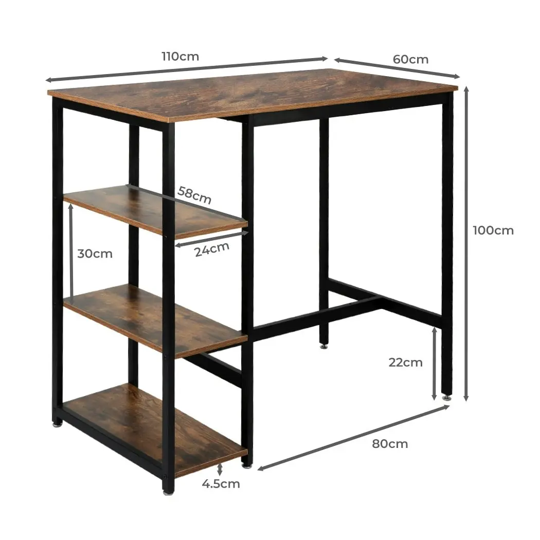 Levede High Bar Table Pub Industrial Storage Shelf Rustic Brown Kitchen 110X60CM