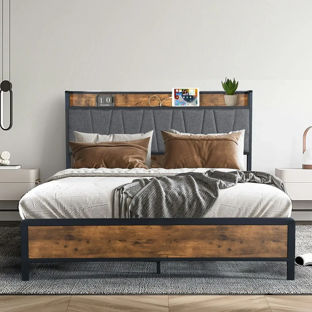 Levede Queen Bed Frame Industrial Tufted Soft Storage Headboard USB Charge