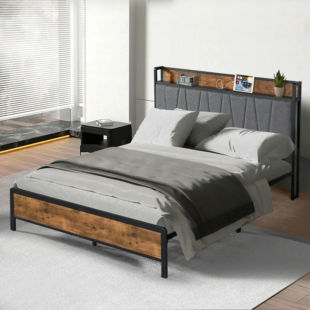 Levede Queen Bed Frame Industrial Tufted Soft Storage Headboard USB Charge