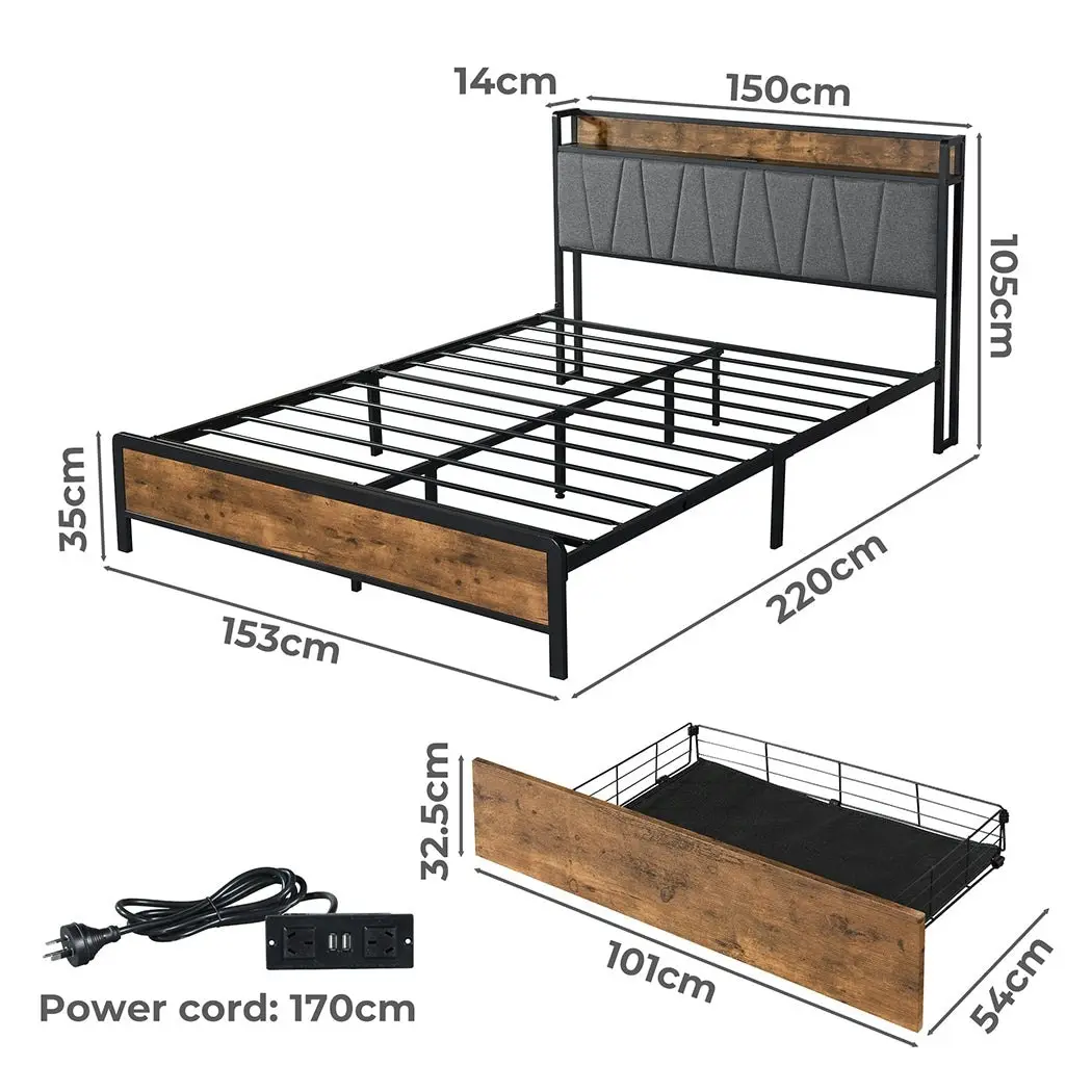 Levede Queen Bed Frame Industrial Tufted Soft Storage Headboard USB Charge