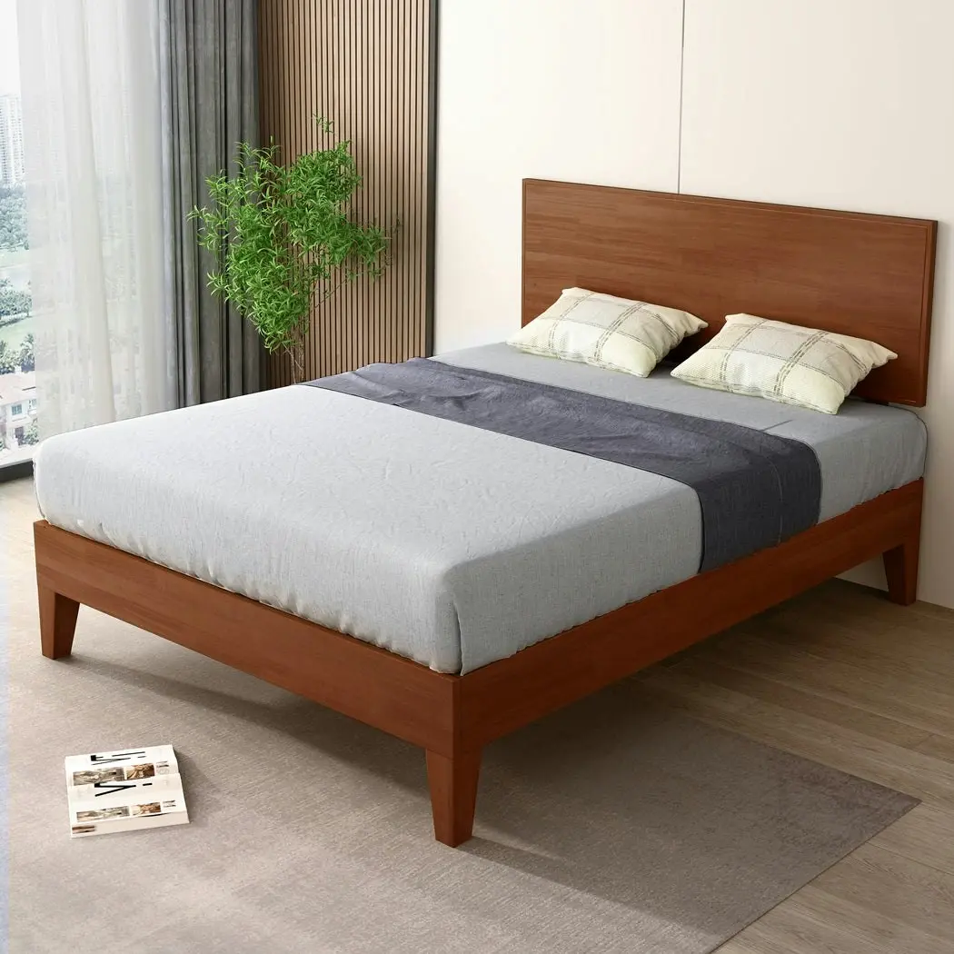 Levede Double Wooden Bed Frame Timber Rubberwood Headboard Mattress Base Walnut