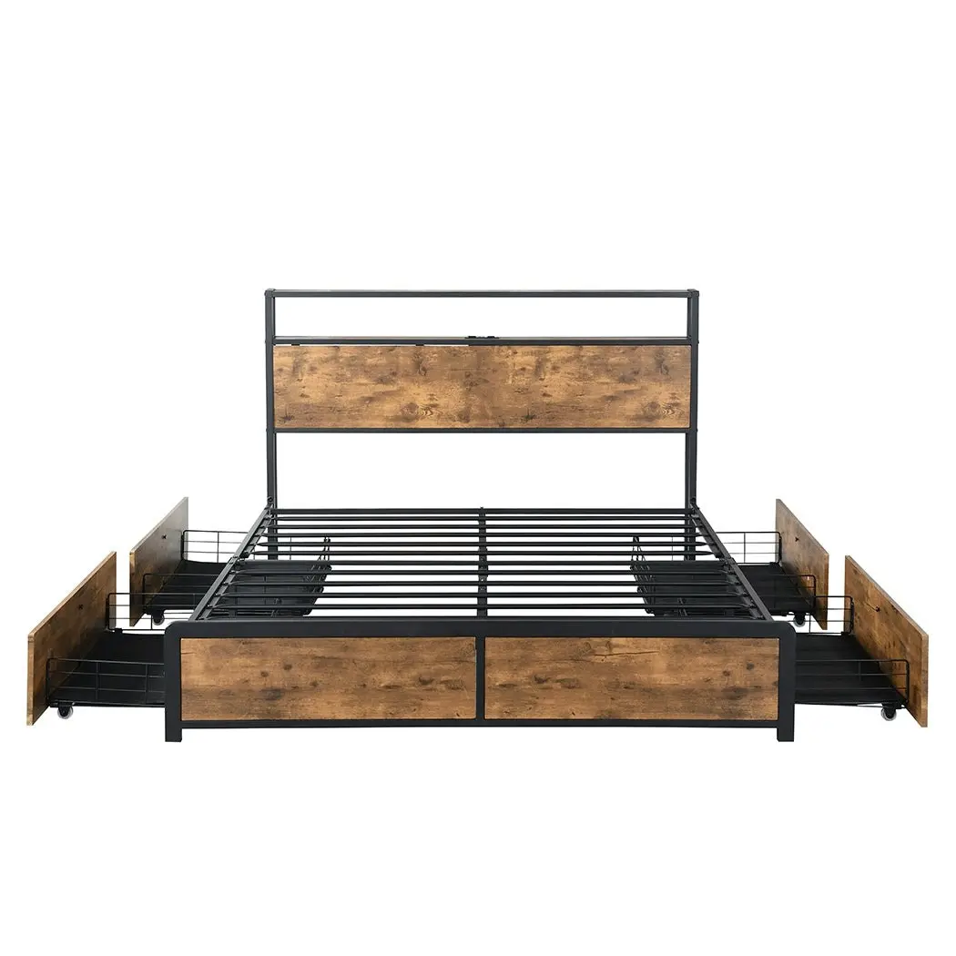 Levede Queen Bed Frame Industrial RGB LED Drawers Storage Headboard USB Charge