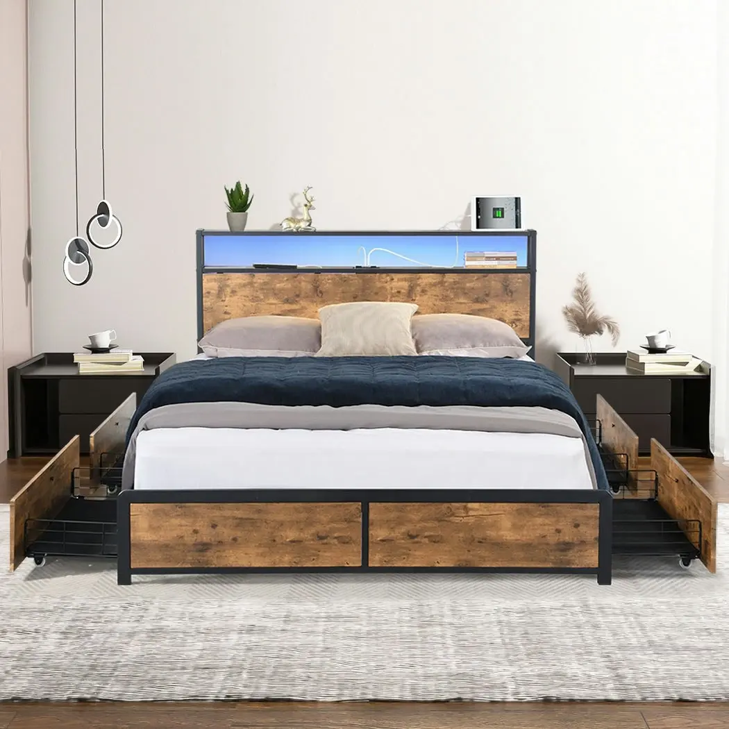 Levede Queen Bed Frame Industrial RGB LED Drawers Storage Headboard USB Charge