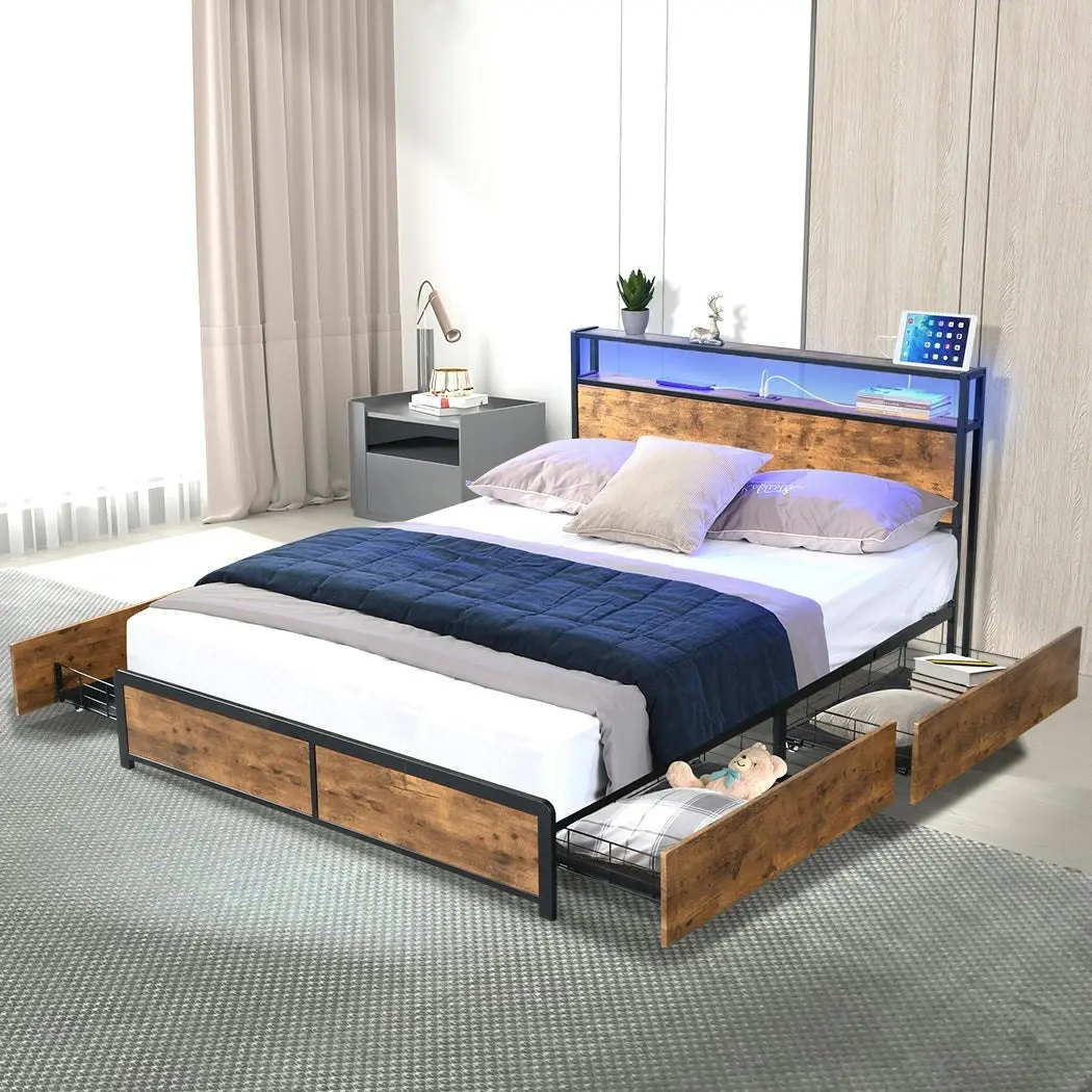 Levede Queen Bed Frame Industrial RGB LED Drawers Storage Headboard USB Charge