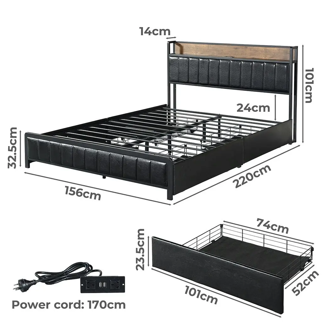 Levede Queen Bed Frame PU Mattress Base Storage Drawer Headboard USB Charge