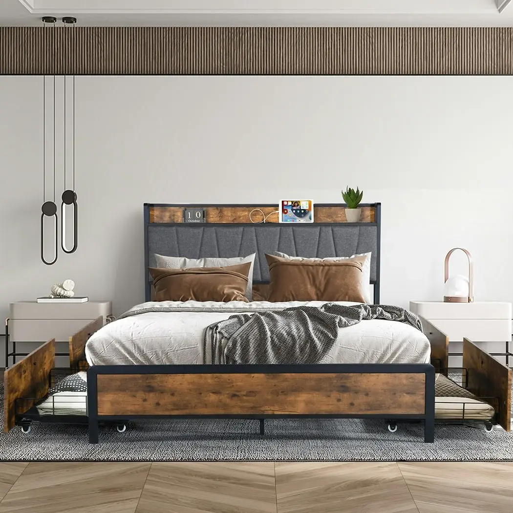 Levede Queen Bed Frame Industrial Tufted Soft Storage Drawers Headboard USB Charge