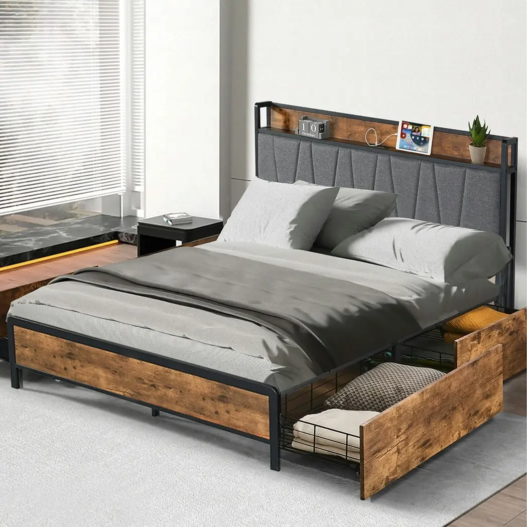 Levede Queen Bed Frame Industrial Tufted Soft Storage Drawers Headboard USB Charge